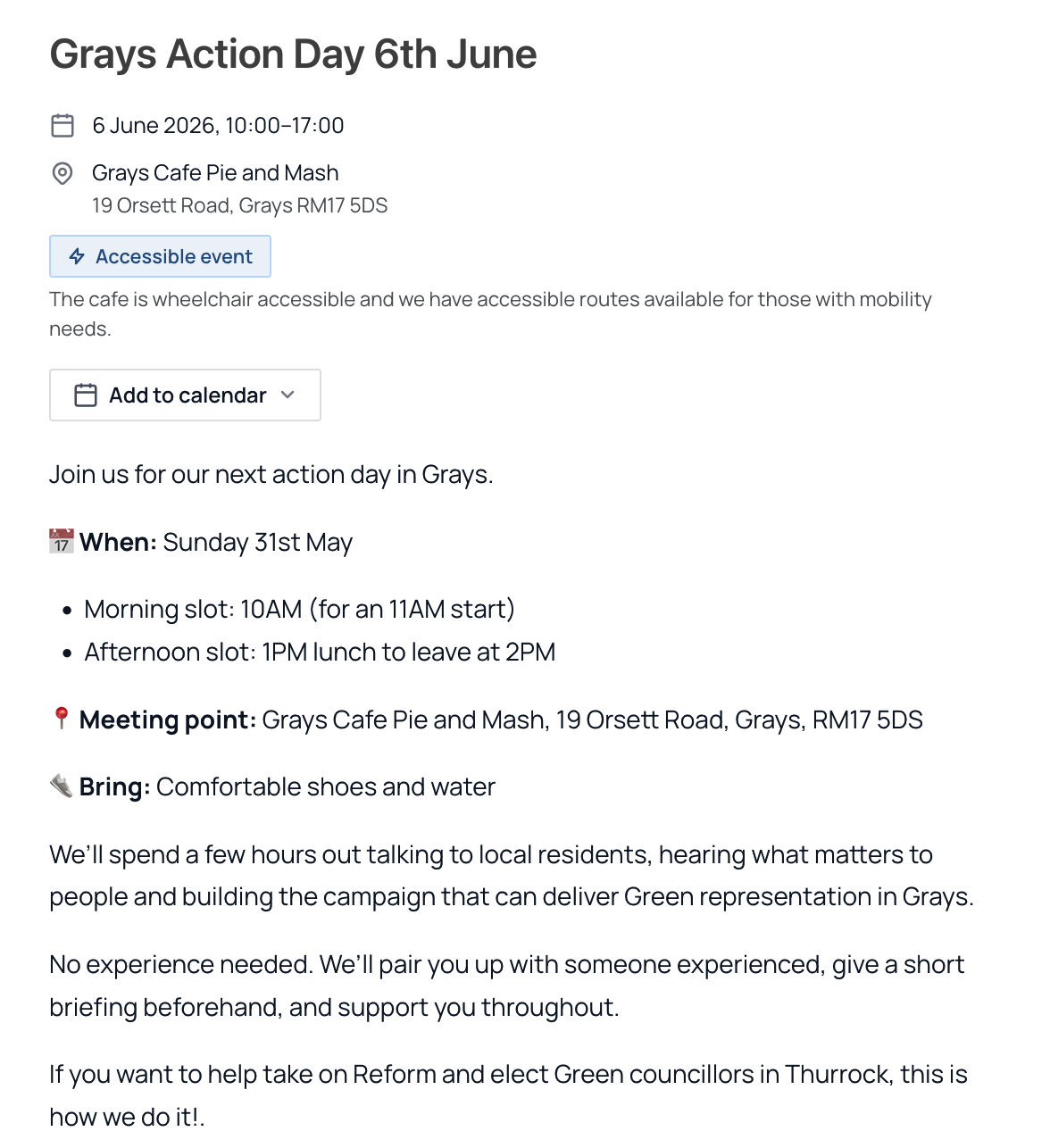 A live event sign-up page with date, location, an accessibility note and an add-to-calendar button.