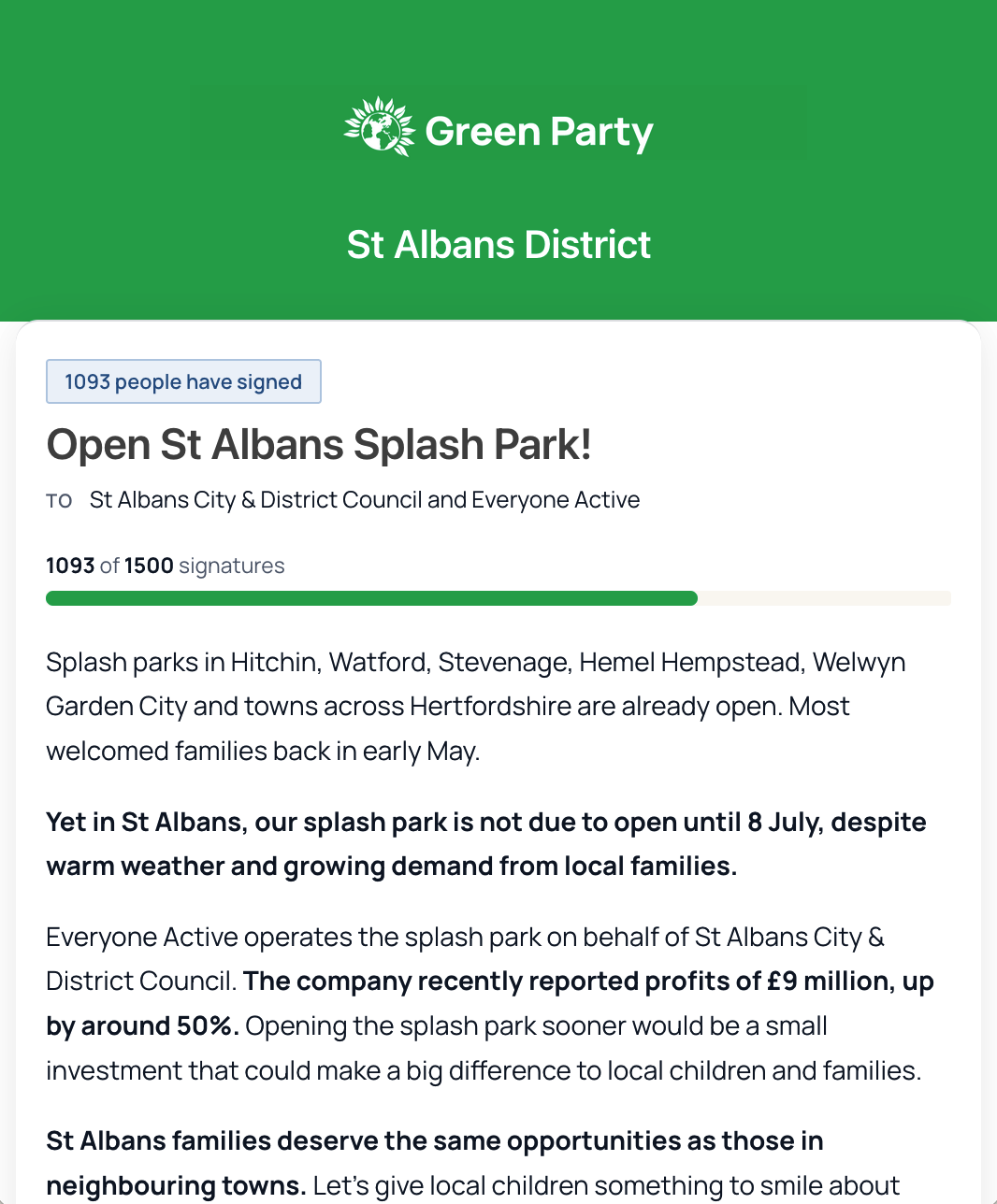 A live petition page on a local Green Party's own branding, with a signature count and progress to target.